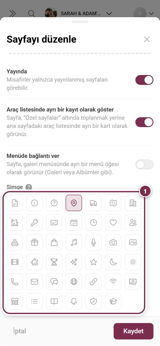Sayfa iletişim kutusunda kırk bir simgeli simge seçimi, harita simgesi seçili