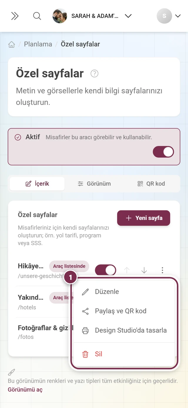Dört öğeli, bir sayfanın açık üç nokta menüsü