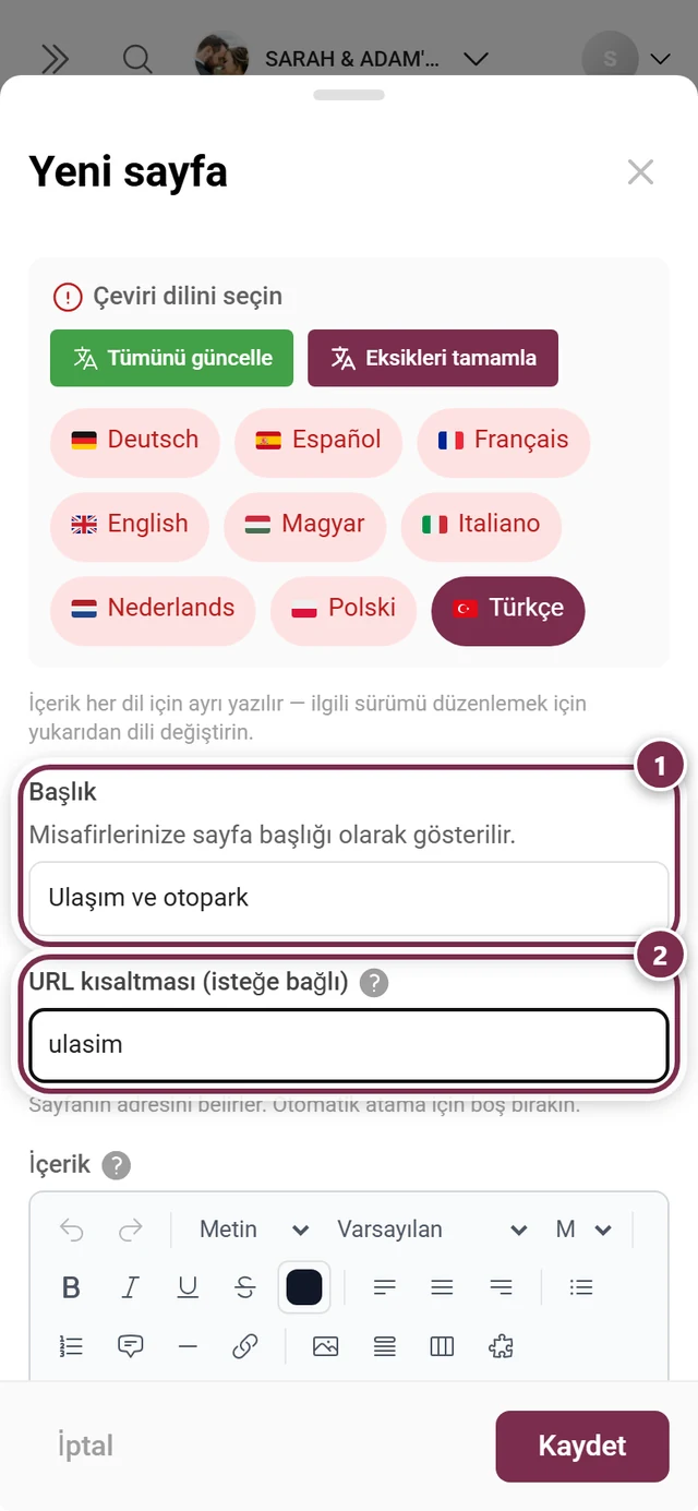 Ulaşım ve park başlığı ve anfahrt URL kısa adı doldurulmuş Yeni sayfa iletişim kutusu