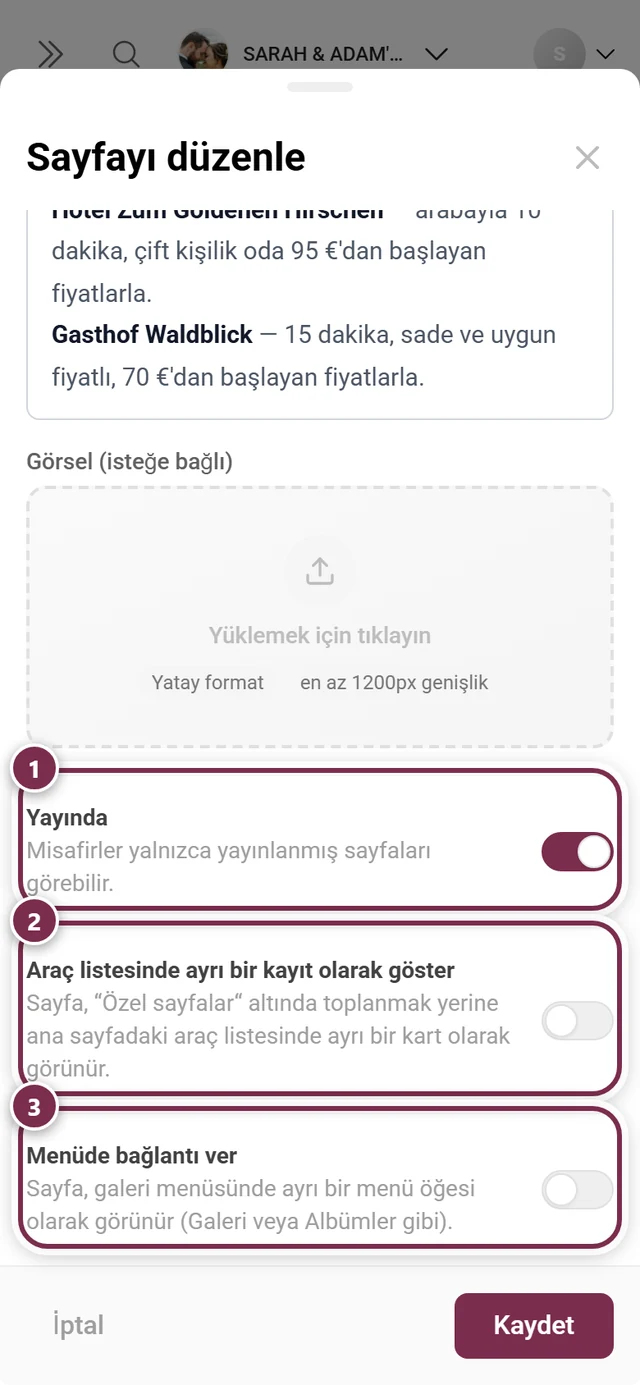 Sayfa iletişim kutusunun üç anahtarı, her biri ayrı ayrı işaretlenmiş