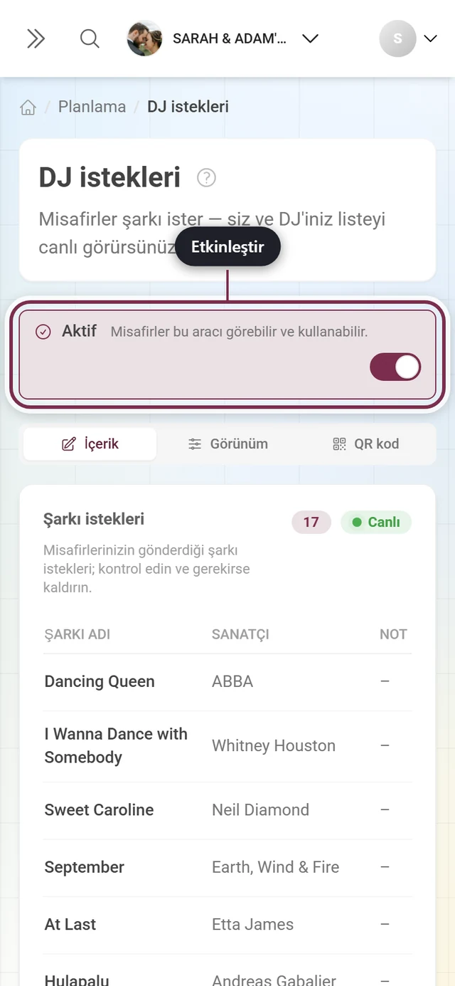 Ana anahtarı vurgulanmış DJ istekleri düzenleyicisi