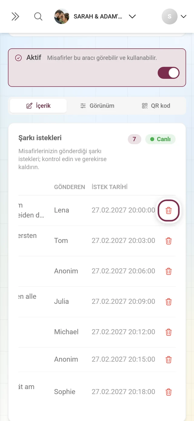 İlk satırın sonundaki çöp kutusu simgesi vurgulanmış istek listesi