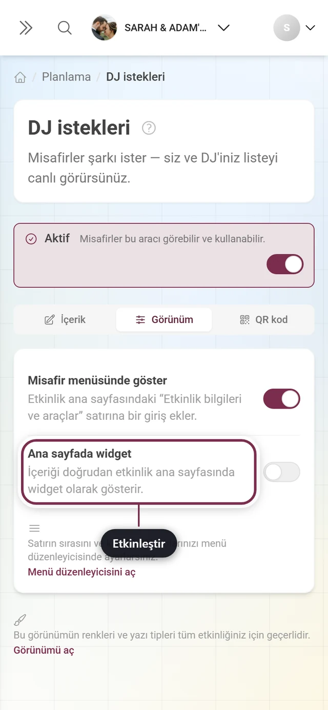 Widget anahtarı vurgulanmış DJ istekleri Gösterim sekmesi