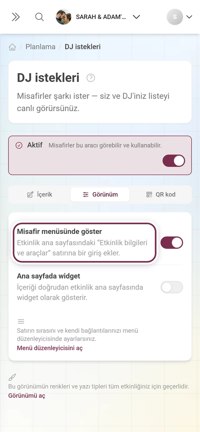 Misafir menüsünde öğe anahtarı vurgulanmış DJ istekleri Gösterim sekmesi