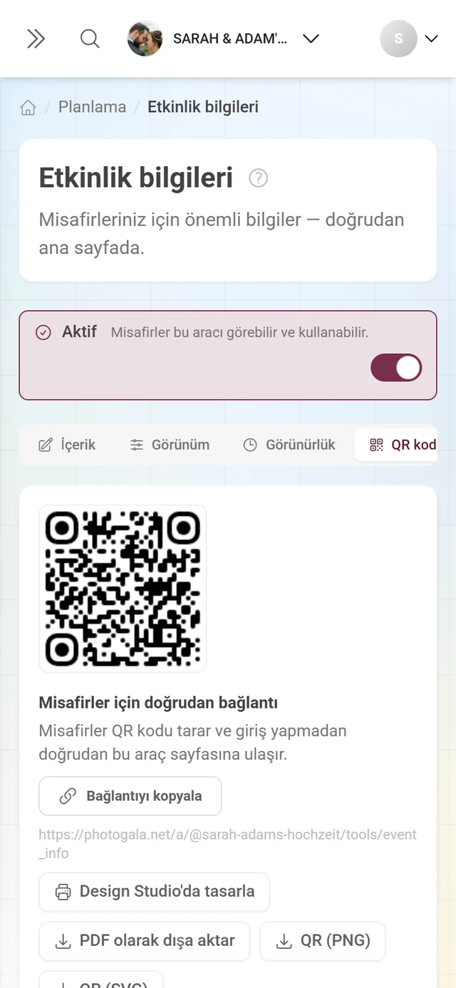 Doğrudan bağlantı, QR görseli ve dışa aktarma düğmeleriyle bir aracın QR kod sekmesi