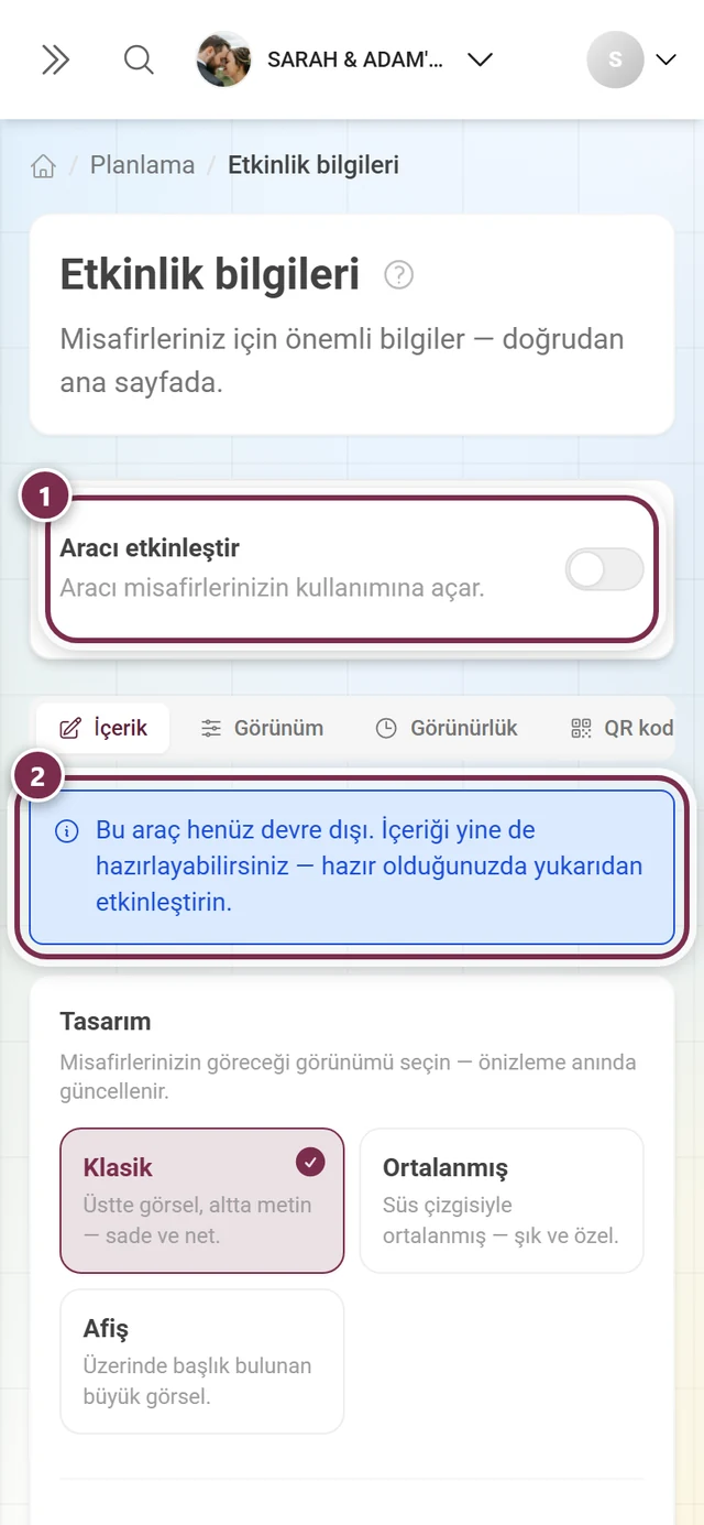 Araç anahtarı kapalı ve altında mavi bir ipucu bulunan Etkinlik bilgileri sayfası