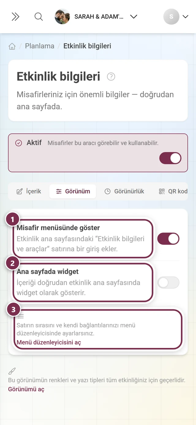 Misafir menüsü öğesi ve ana sayfa widget'ı anahtarlarıyla Gösterim sekmesi