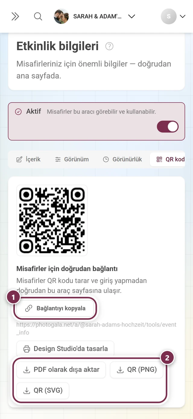 Kod, Bağlantıyı kopyala düğmesi ve çıktı düğmeleriyle QR kod sekmesi