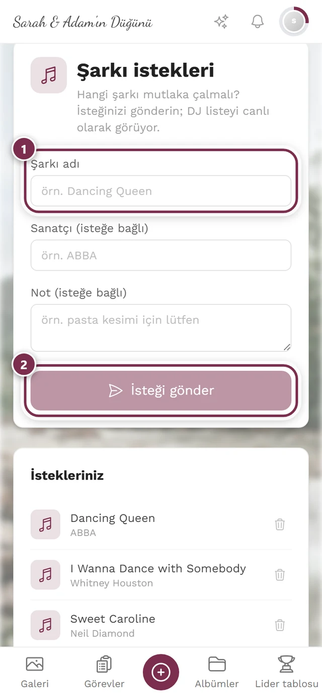 Şarkı adı ve gönder etrafında numaralı halkalarla misafir istek formu