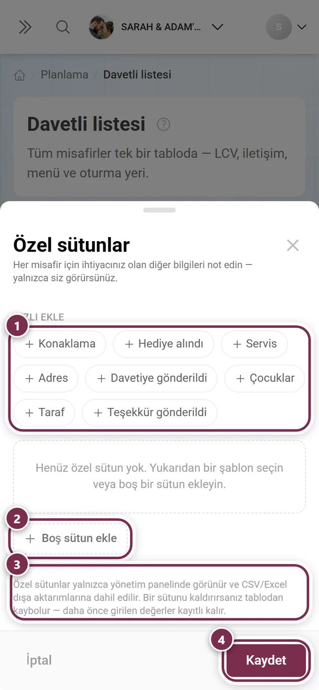 Şablon ızgarası, Serbest sütun ekle, yönetici notu ve Kaydet işaretlenmiş Özel sütunlar iletişim kutusu