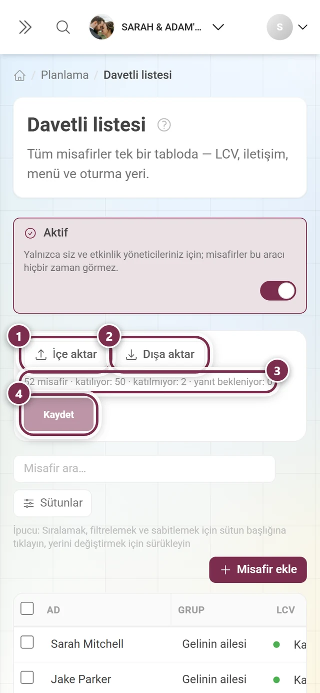 İçe aktar, Dışa aktar, sayım satırı ve Kaydet düğmesi işaretlenmiş davetli listesi işlem çubuğu