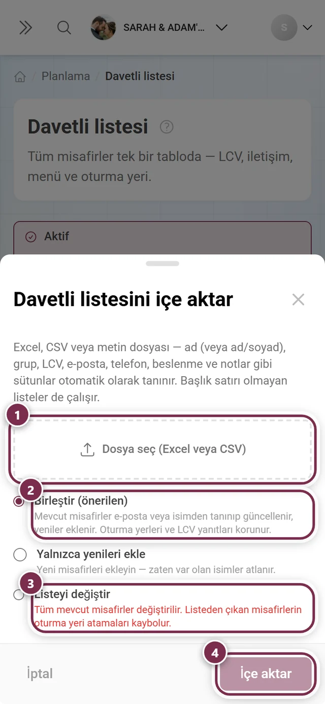 Dosya seçimi, Birleştir ve Listeyi değiştir modları ve İçe aktar düğmesi işaretlenmiş Davetli listesini içe aktar iletişim kutusu