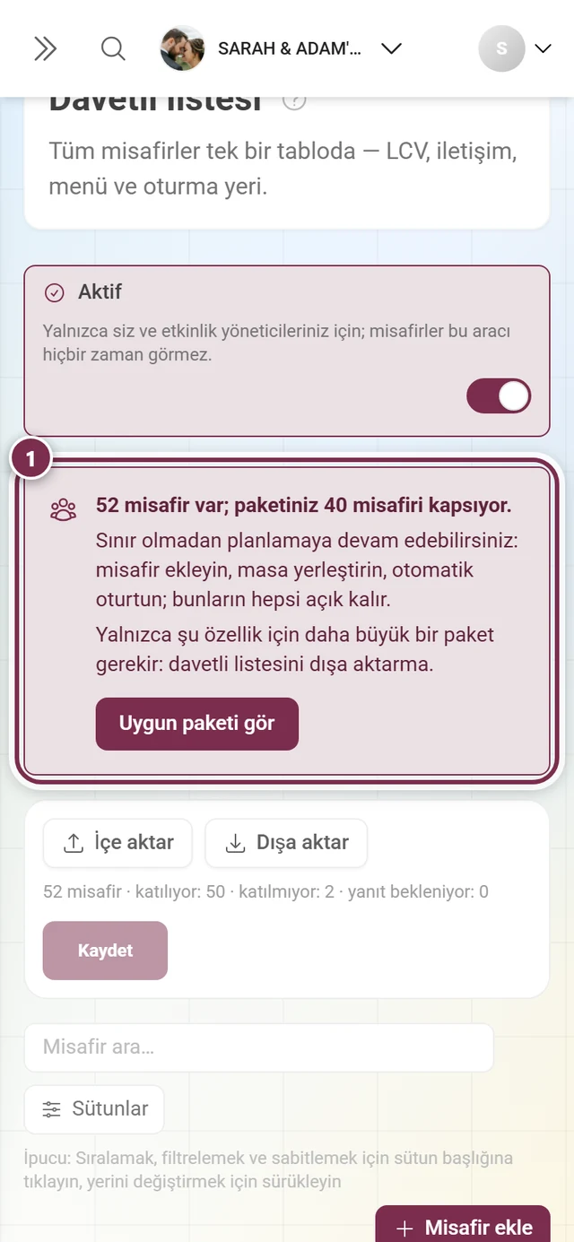 İşlem çubuğunun üstündeki kota kutusu işaretlenmiş davetli listesi