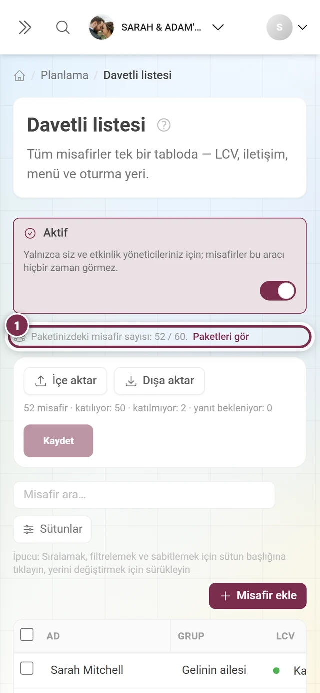 İşlem çubuğunun üstündeki ince bilgi şeridi işaretlenmiş davetli listesi