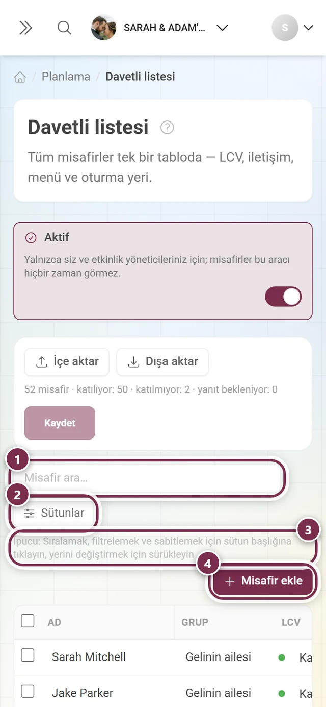 Arama alanı, Sütunlar düğmesi, kullanım ipucu ve Misafir ekle işaretlenmiş tablo üstü çubuk