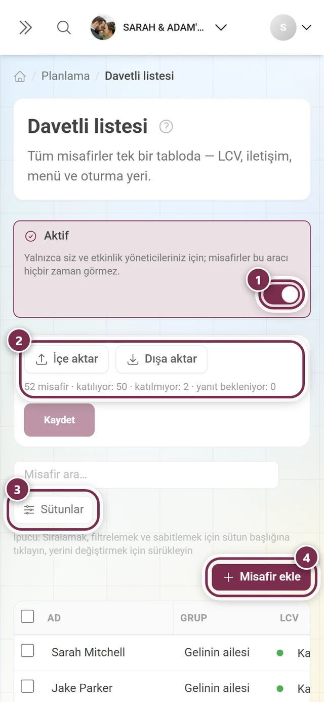 Aktif anahtarı, İçe aktar ve Dışa aktar, Sütunlar düğmesi ve Misafir ekle işaretli davetli listesi