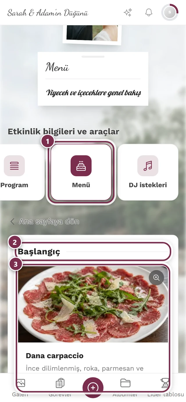 Servisler ve yemeklerle menü sayfası