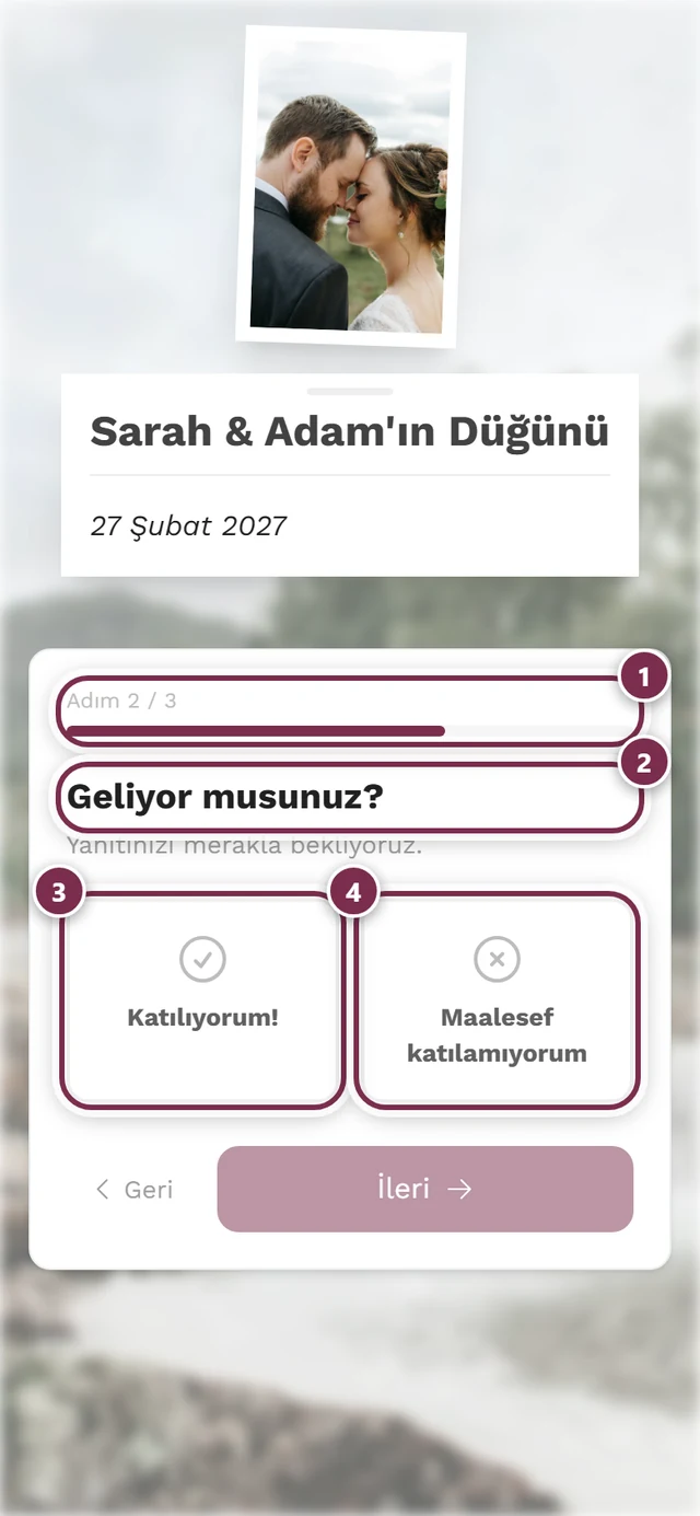 Katılıyorum ve Maalesef katılamıyorum kartlarıyla sihirbazın ikinci adımı