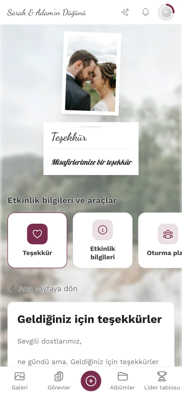 Başlık, metin ve vurgulanmış Teşekkürler kutucuğuyla misafir görünümünde teşekkür notu