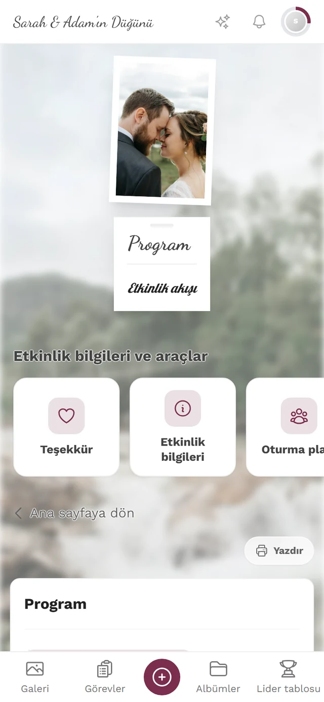 Etkinliğin program maddeleri ve Yazdır düğmesiyle program sayfası