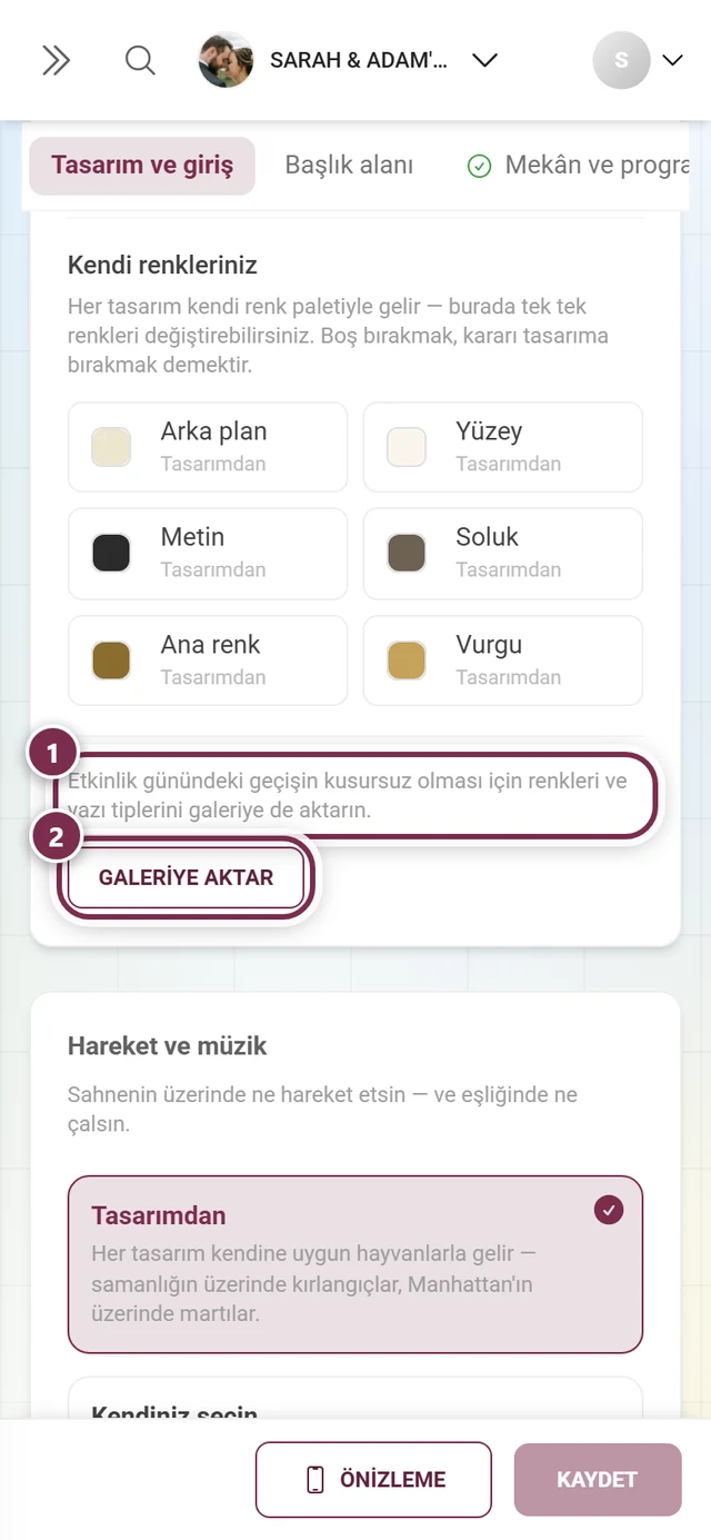 Not ve düğme etrafında numaralı halkalarla Galeriye aktar, üstünde altı renk rolü