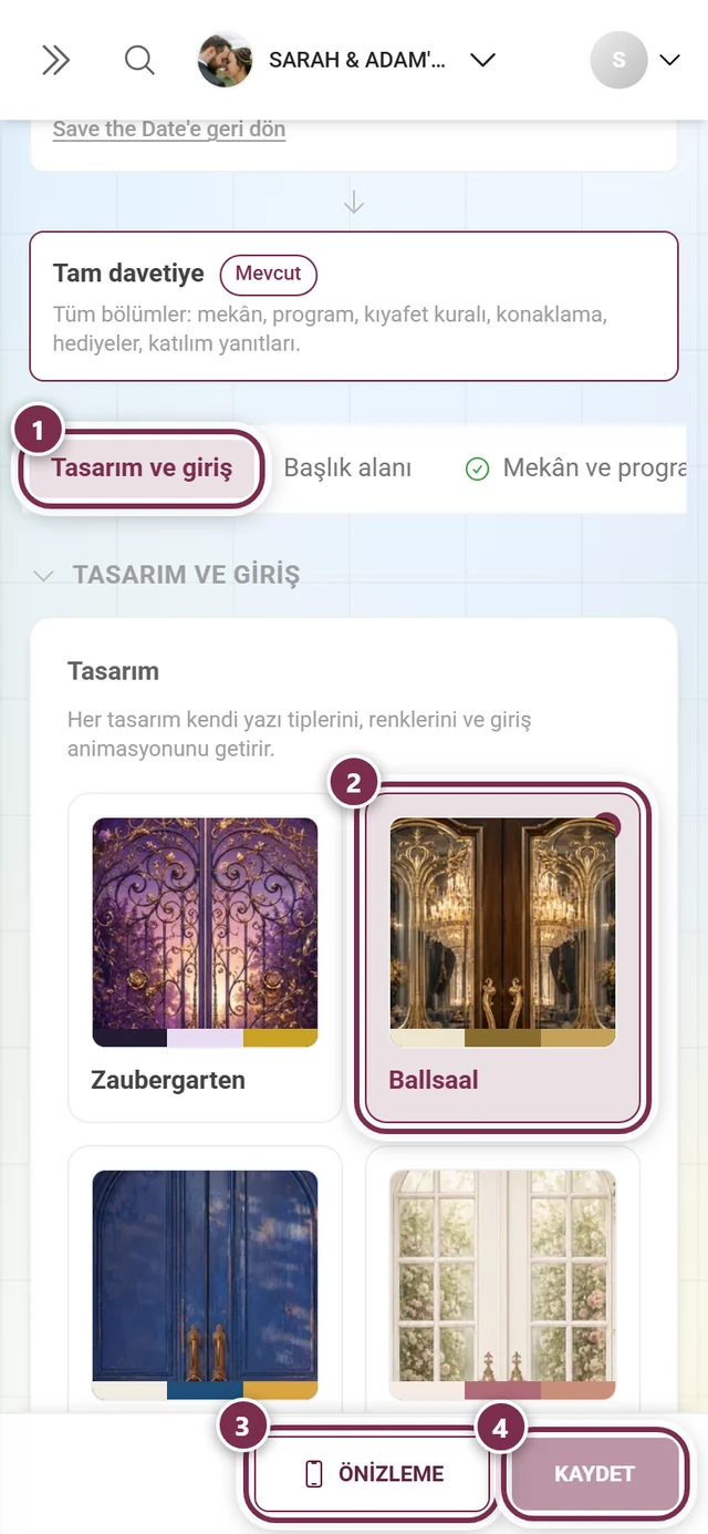 Atlama bağlantısı, seçilen tasarım, önizleme ve kaydet etrafında numaralı halkalarla Tasarım ve giriş bölümü