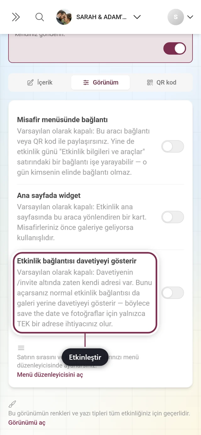 Vurgulanmış etkinlik bağlantısı anahtarıyla davetiyenin Görüntüleme sekmesi
