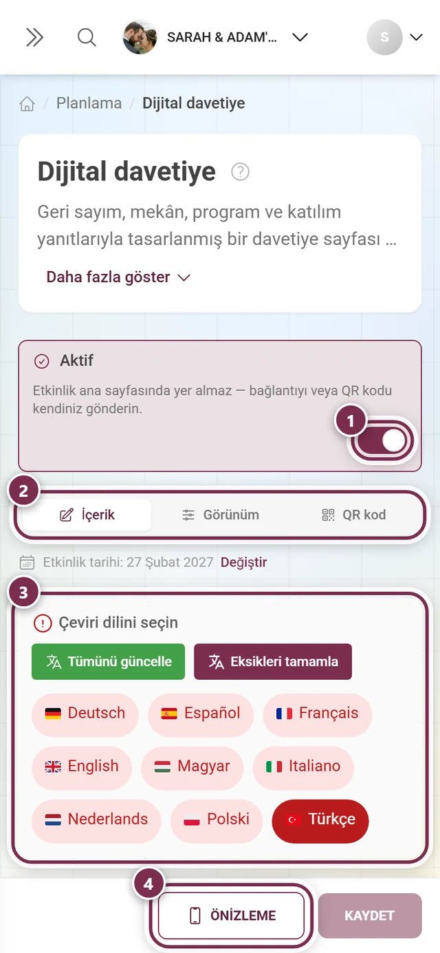 İşaretli ana anahtar, sekmeler, dil bloğu ve önizleme düğmesiyle dijital davetiye düzenleyicisi