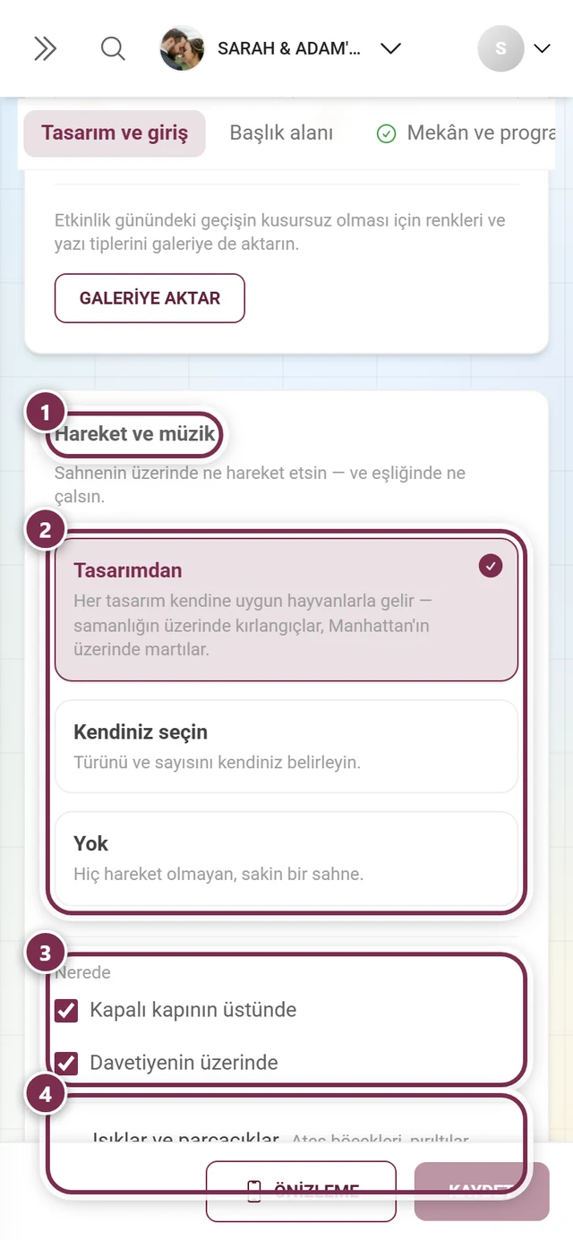 Başlık, üç kart, konum onay kutuları ile ışıklar ve parçacıklar etrafında numaralı halkalarla Hareket ve müzik bölümü