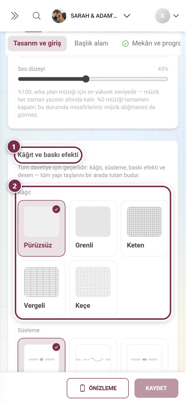 Başlık ve kâğıt seçimi etrafında numaralı halkalarla Kâğıt ve baskı efekti bölümü