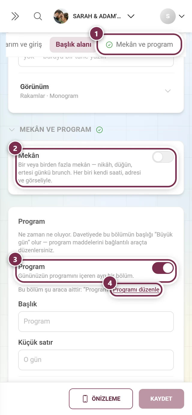 Atlama bağlantısı, her iki anahtar ve Programı düzenle etrafında numaralı halkalarla Mekân ve gün planı bölümü