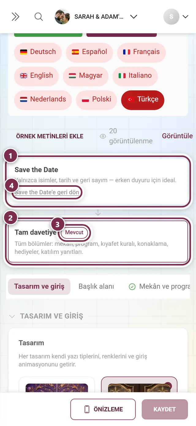 Numaralı halkalarla Save the Date ve Tam davetiye kartları
