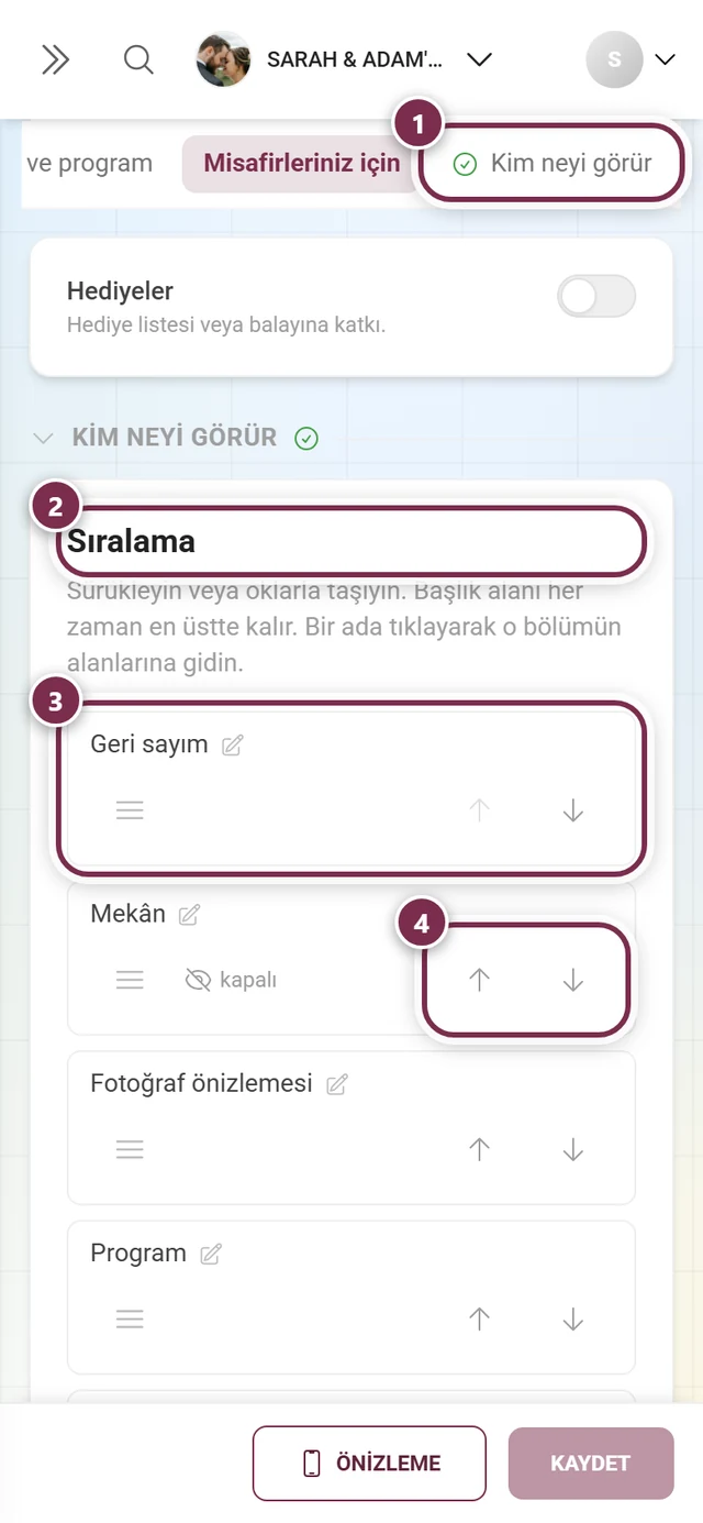 Atlama bağlantısı, Sıralama başlığı, Geri sayım satırı ve Mekân satırının okları etrafında numaralı halkalarla Kim neyi görür bölümü