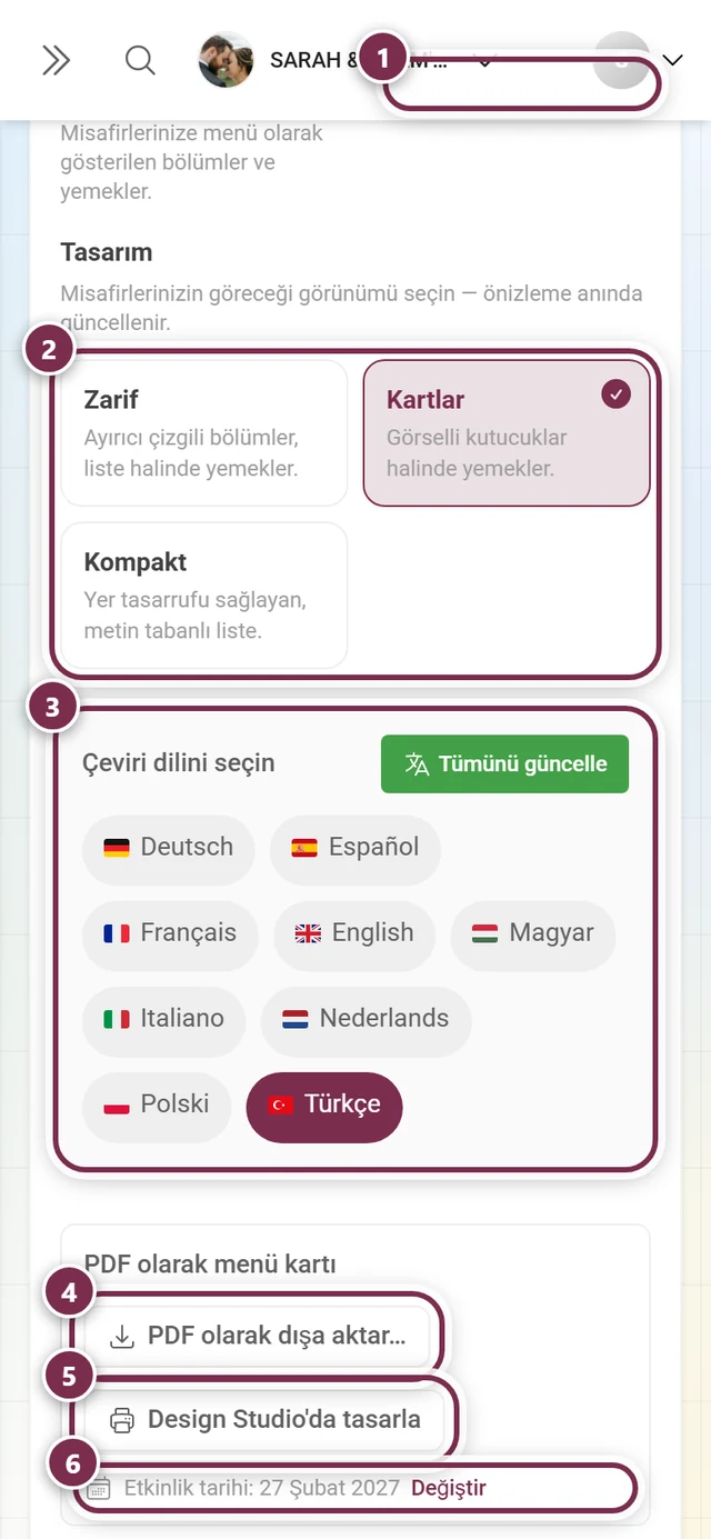 Sayaç, üç tasarım kutucuğu, dil seçimi ve dışa aktarma düğmeleriyle İçerik sekmesinin üst kısmı