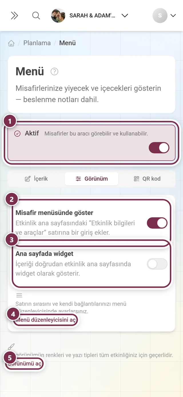 Aktif anahtarı, Misafir menüsünde öğe ve Ana sayfada widget ile menü aracının Görüntüleme sekmesi