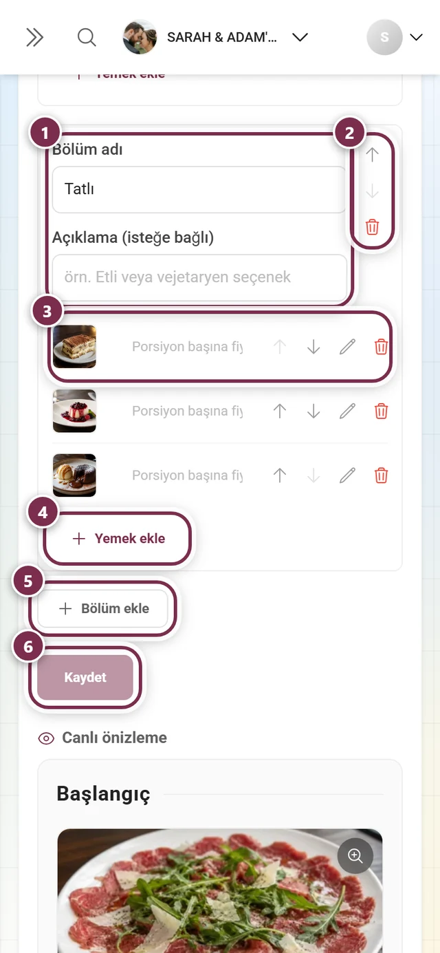 Tatlı bölümü ile Tiramisu, Panna Cotta ve çikolatalı kek yemeklerini içeren menü düzenleyicisi