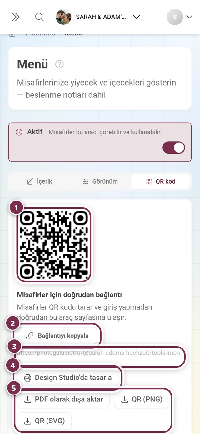 QR kod, doğrudan bağlantı ve Bağlantıyı kopyala, Design Studio'da tasarla, PDF olarak dışa aktar, PNG olarak QR ve SVG olarak QR düğmeleriyle menü aracının QR kod sekmesi