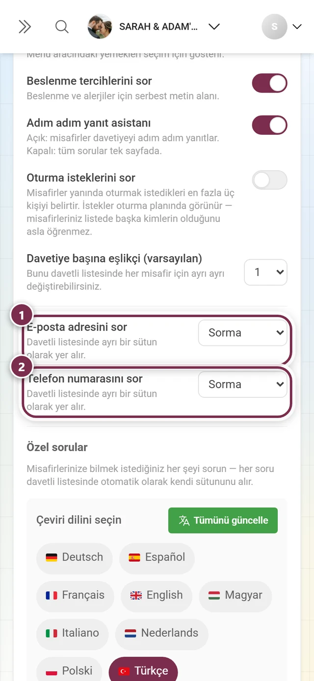 E-posta adresi ve telefon numarası için iki iletişim sorusu