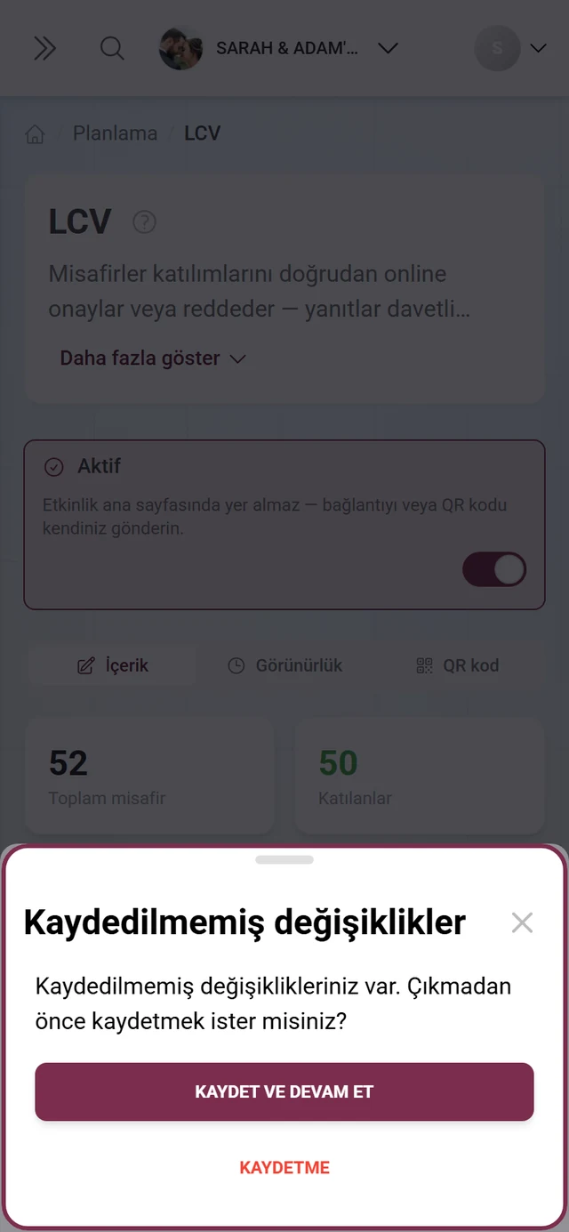 Açık taslakla sekme değiştirirken çıkan onay sorusu
