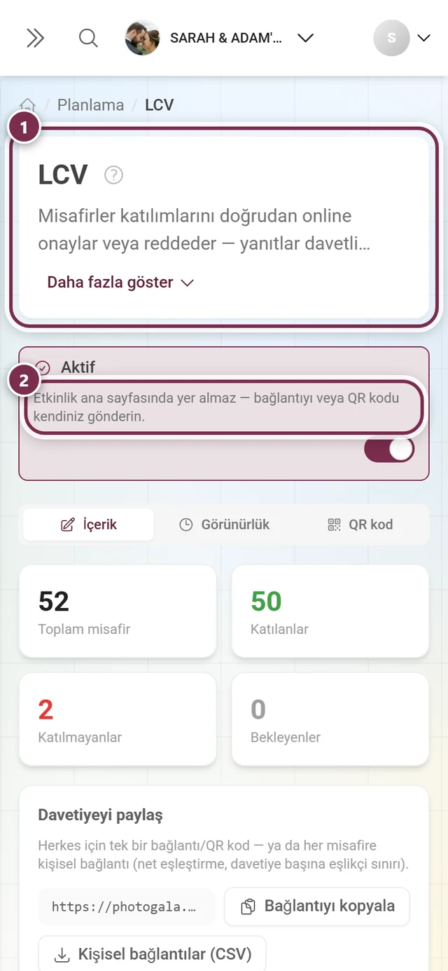 Başlık ve Etkin şeridiyle LCV düzenleyicisinin üst satırı