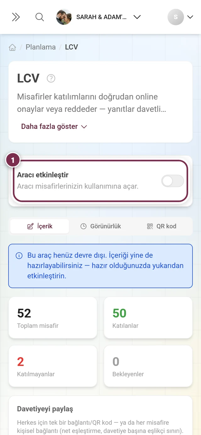 Kapalı durumdaki Aracı etkinleştir kartı ve altındaki mavi not