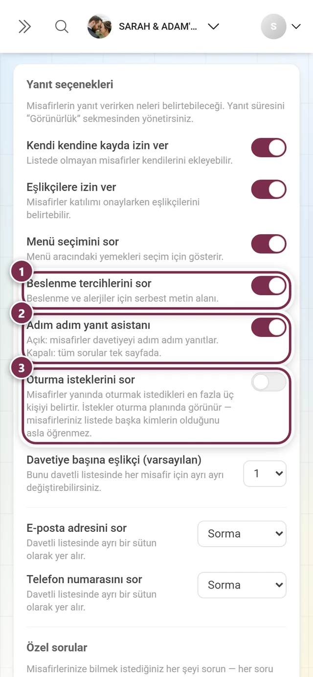 Sonraki üç yanıt seçeneği: gıda hassasiyetleri, yanıt asistanı ve oturma istekleri
