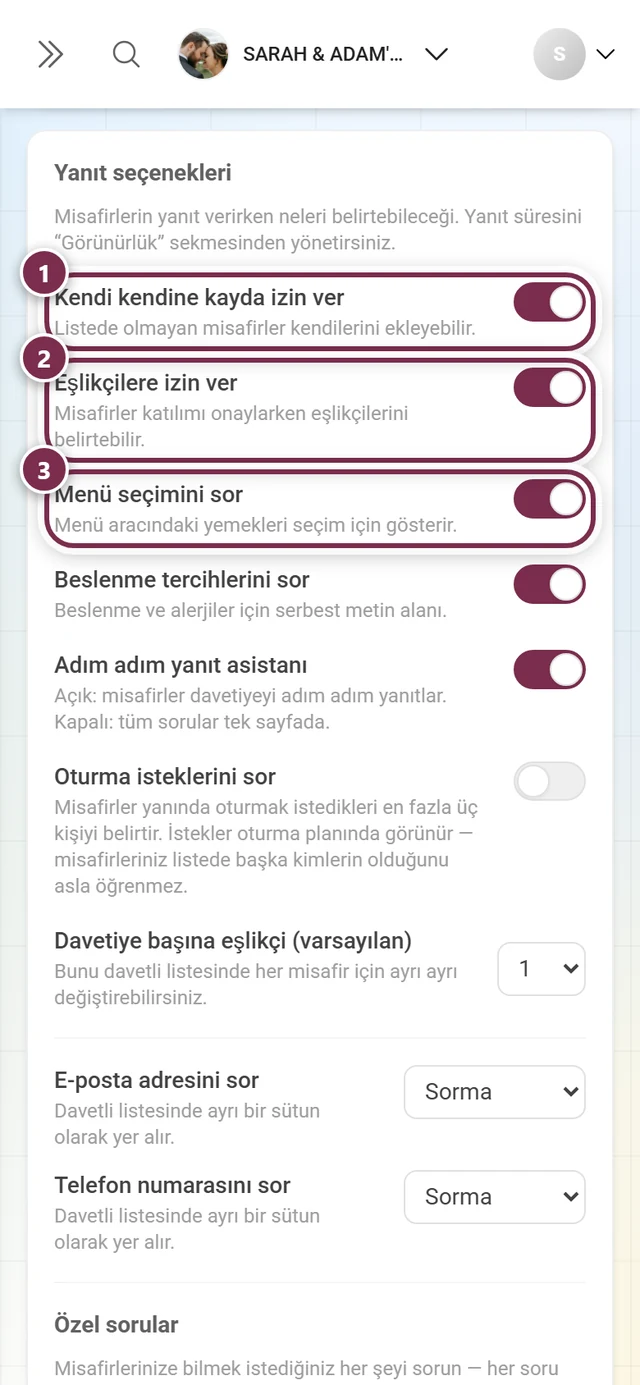 İlk üç yanıt seçeneği: kendi kendine kayıt, eşlikçiler ve menü seçimi