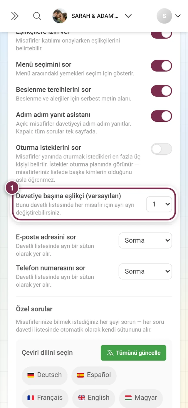 Davetiye başına eşlikçi (varsayılan) açılır menüsü