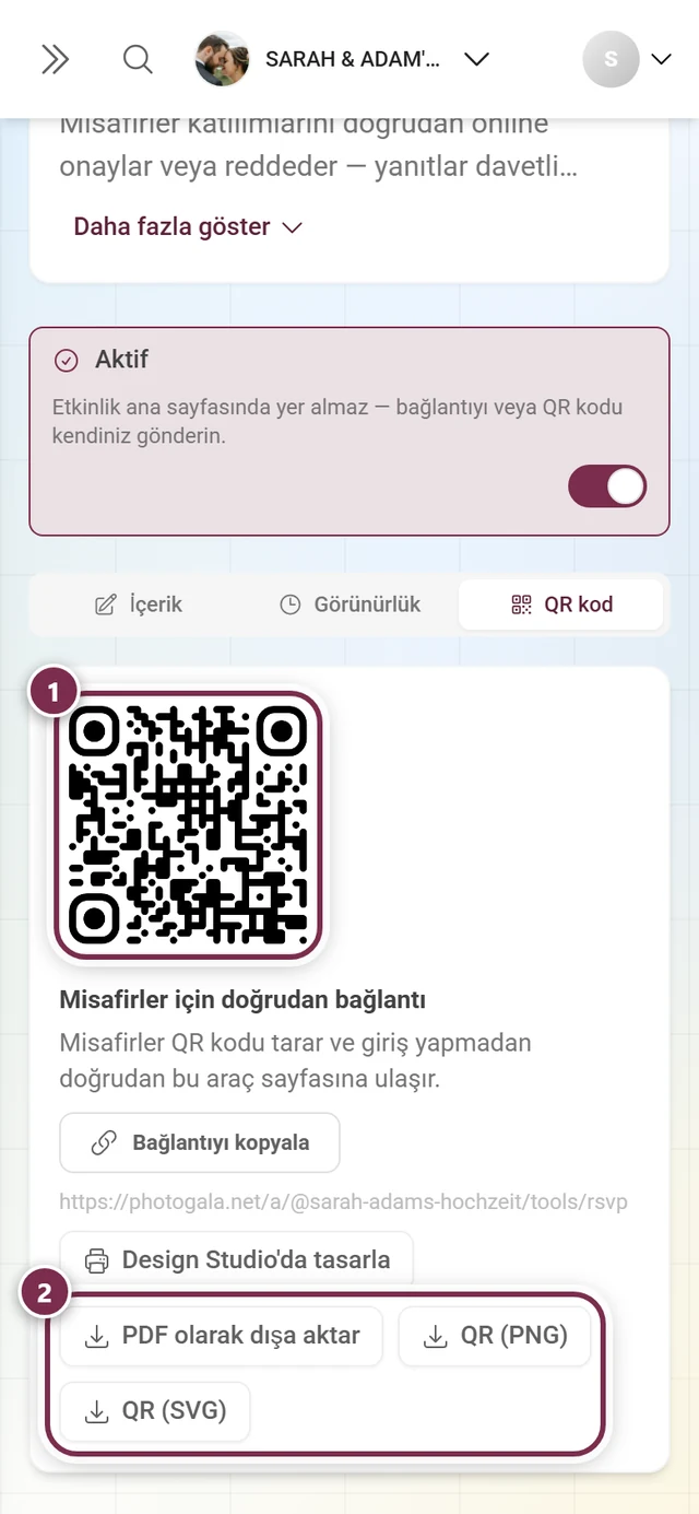 Kod, doğrudan bağlantı ve üç dosya düğmesiyle QR kod sekmesi