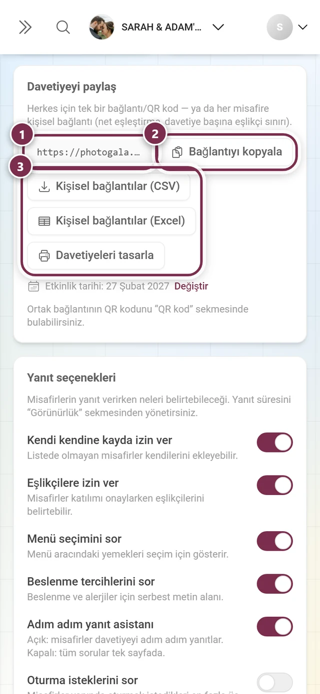 Adres, Bağlantıyı kopyala ve üç gönderim düğmesiyle Davetiyeyi paylaş bölümü