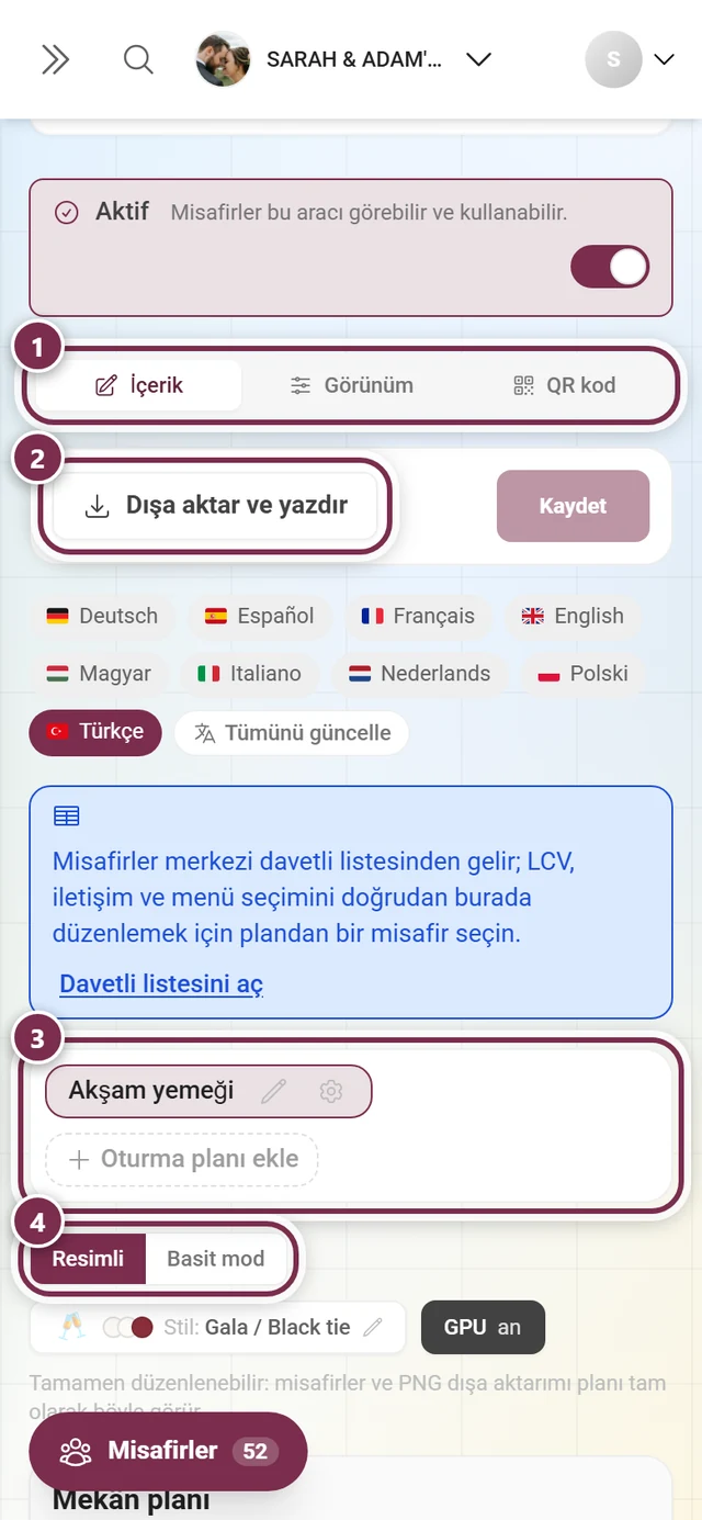 Merkezi davetli listesine işaret eden mavi not ve plan seçimiyle oturma planı düzenleyicisi
