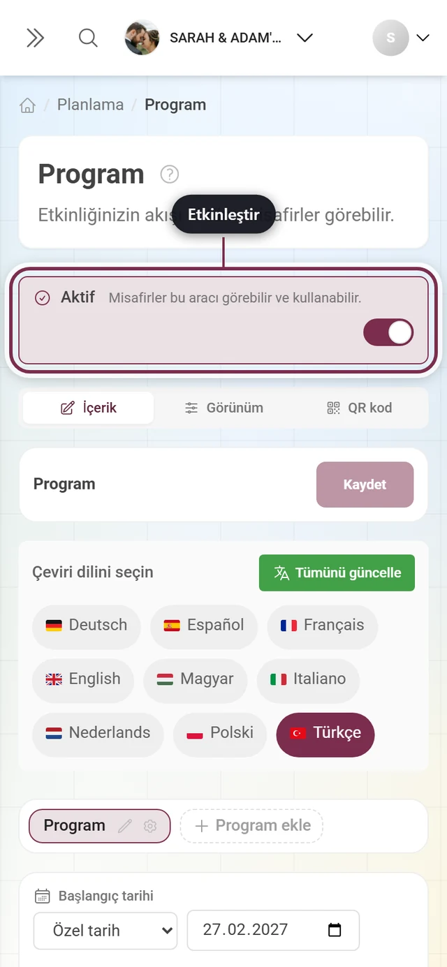 Sekmelerin üstündeki Etkin şeridi vurgulanmış araç düzenleyicisi