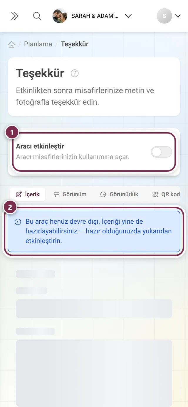 Araç kapalıyken taslak moduna dair mavi notla teşekkür mesajı
