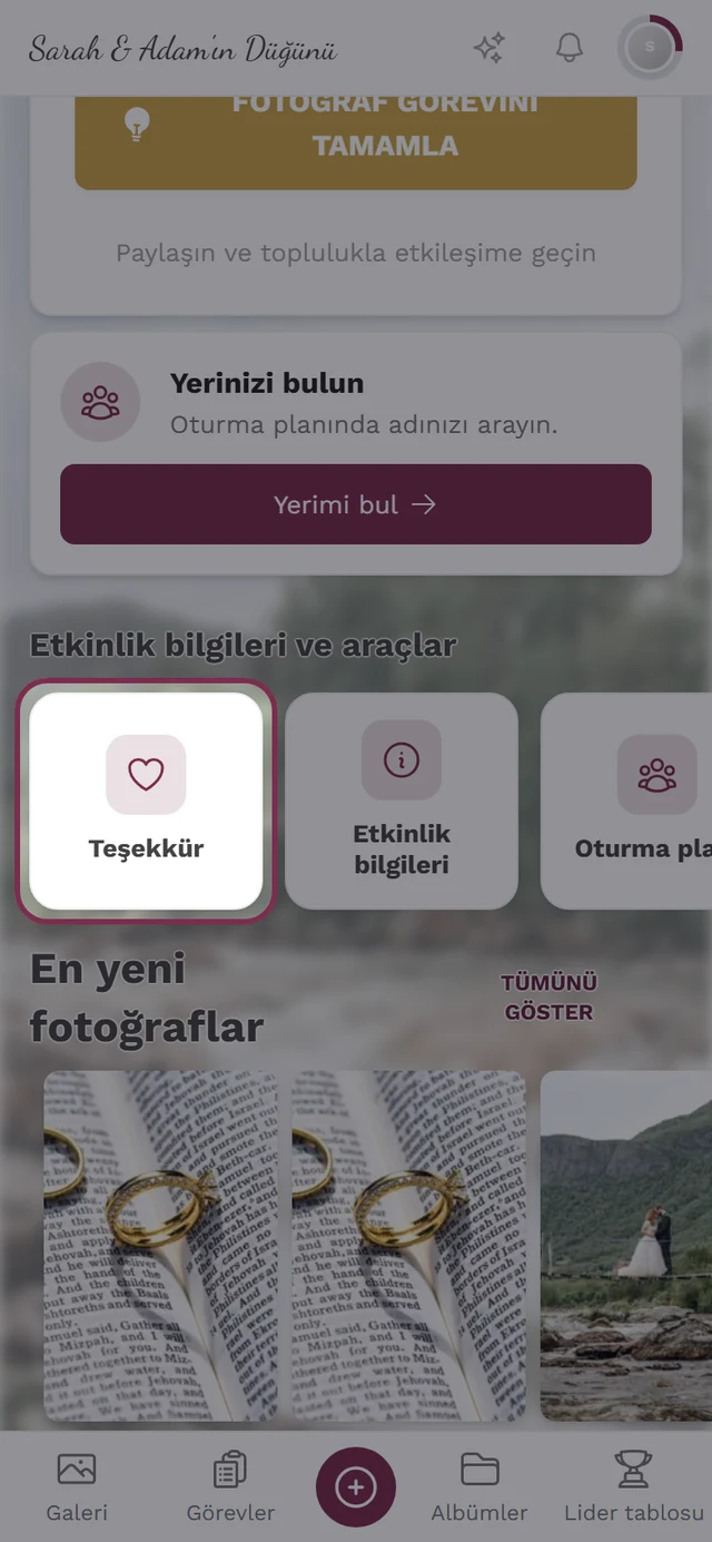 Misafir görünümünde Etkinlik bilgileri ve araçlar çubuğundaki Teşekkür mesajı kutucuğu